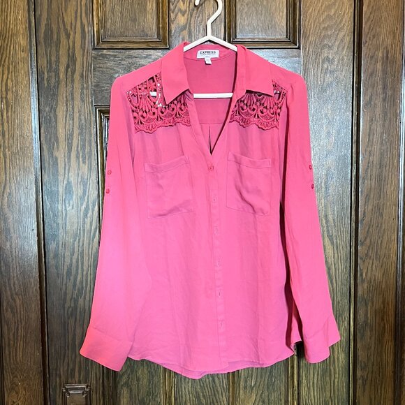 Express Portofino Button Down Dress Shirt - Pink, Floral Cutout (Large) - Picture 1 of 5